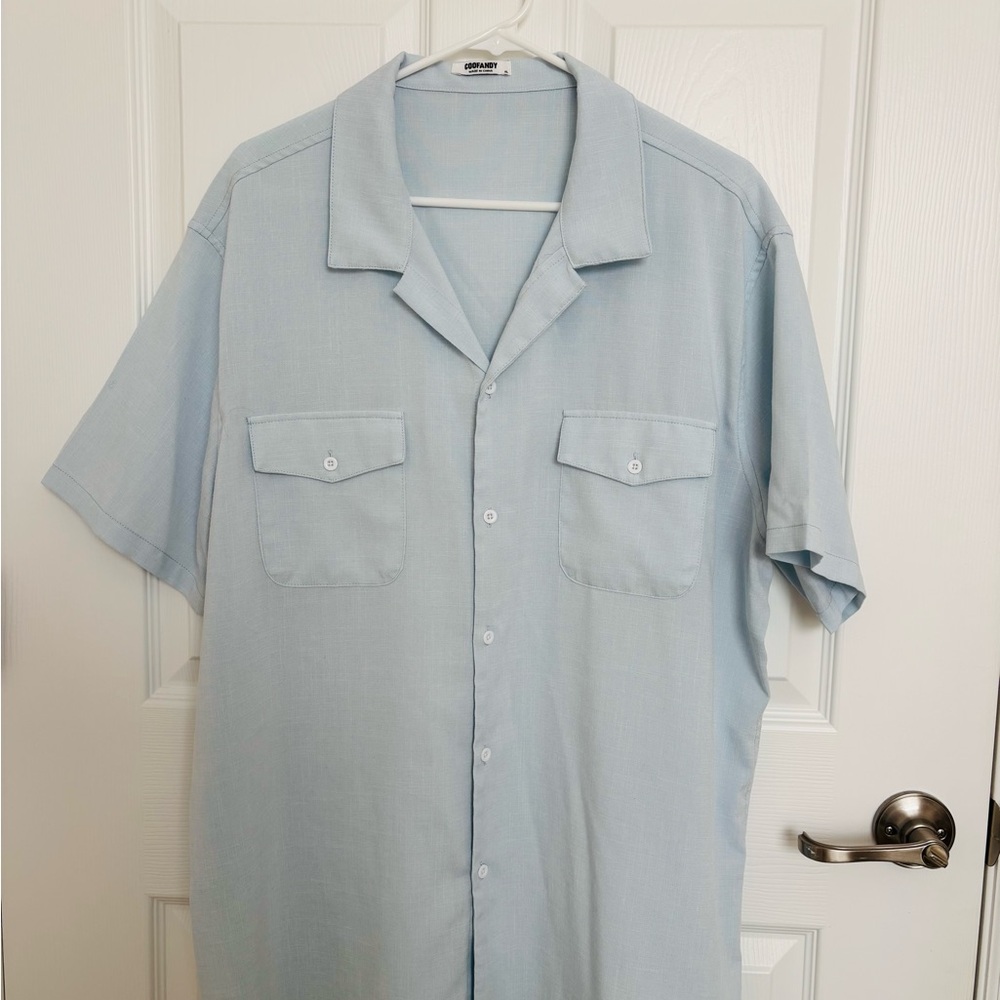 Coofandy Sky Blue Casual Button-Down Shirt. Relaxed fit.